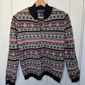 Vintage Charter Club Women's Lambswool Zip Sweater Size L Fair Isle Nordic Wool